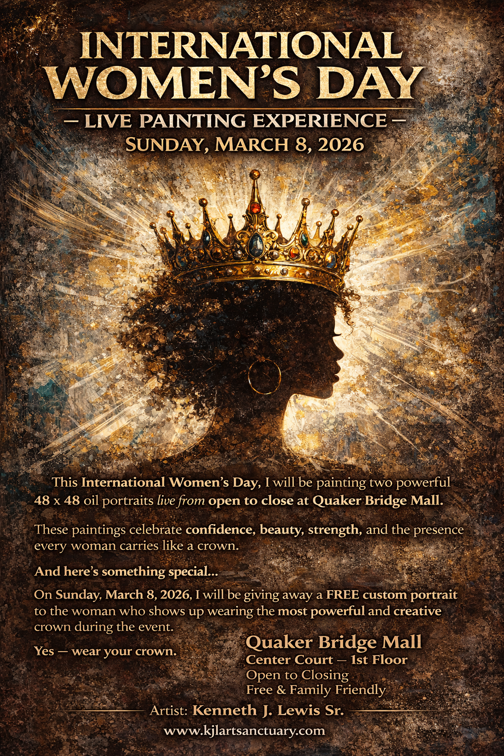 International Women's Day live painting at Quaker Bridge Mall - Sunday March 08, 2026 - Artist Kenneth J Lewis Sr