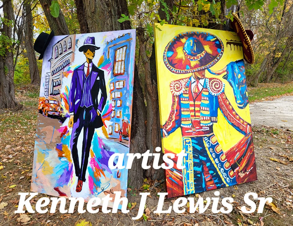 Artist Kenneth J. Lewis Sr in front of paintings