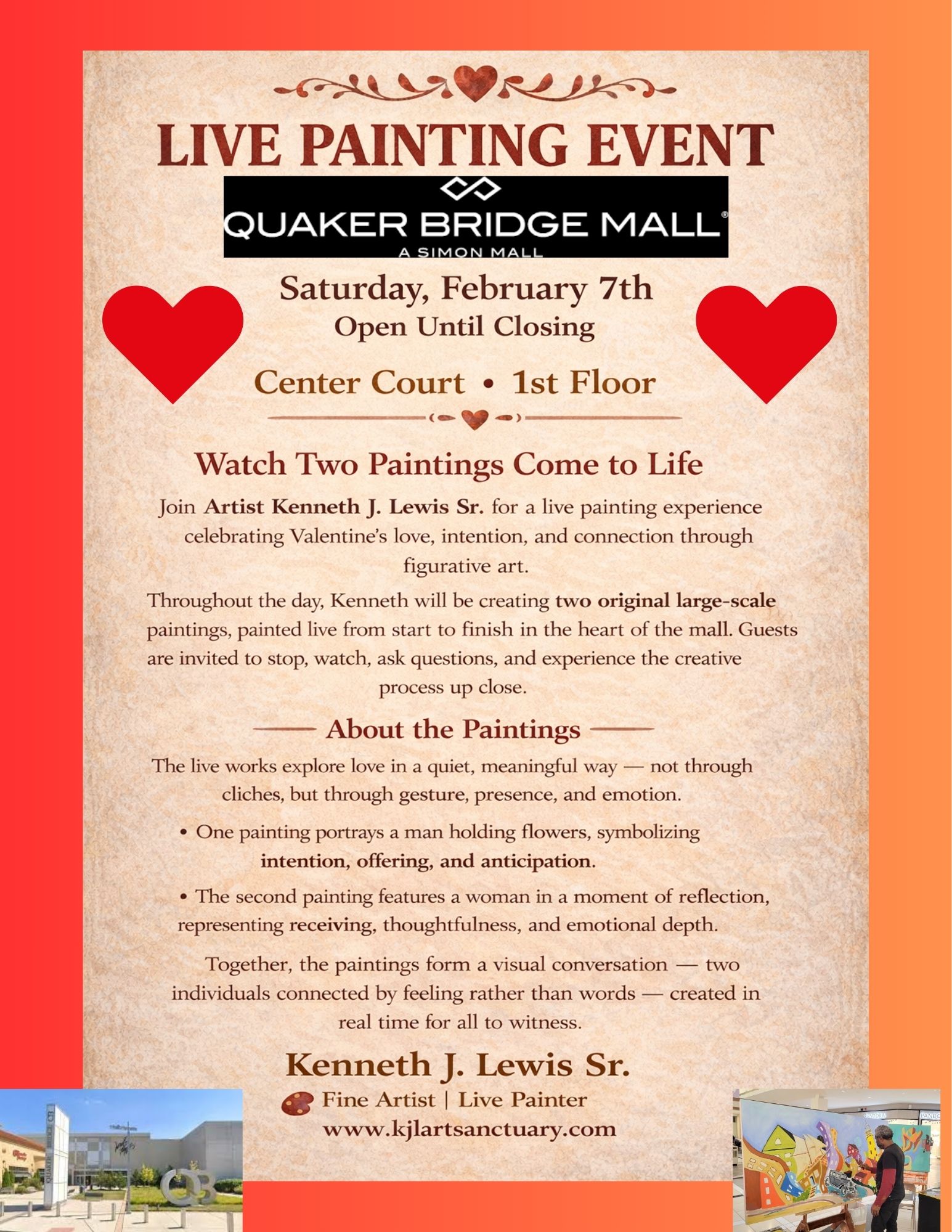Quaker Bridge Mall live painting event flyer image - February 7 - Kenneth J Lewis Sr